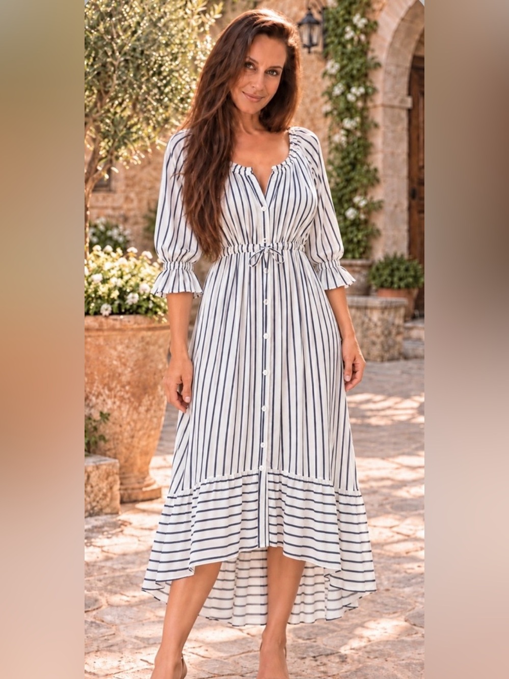 Indigo Soul women’s medium Navy & White Striped Button-Front high low Midi Dress